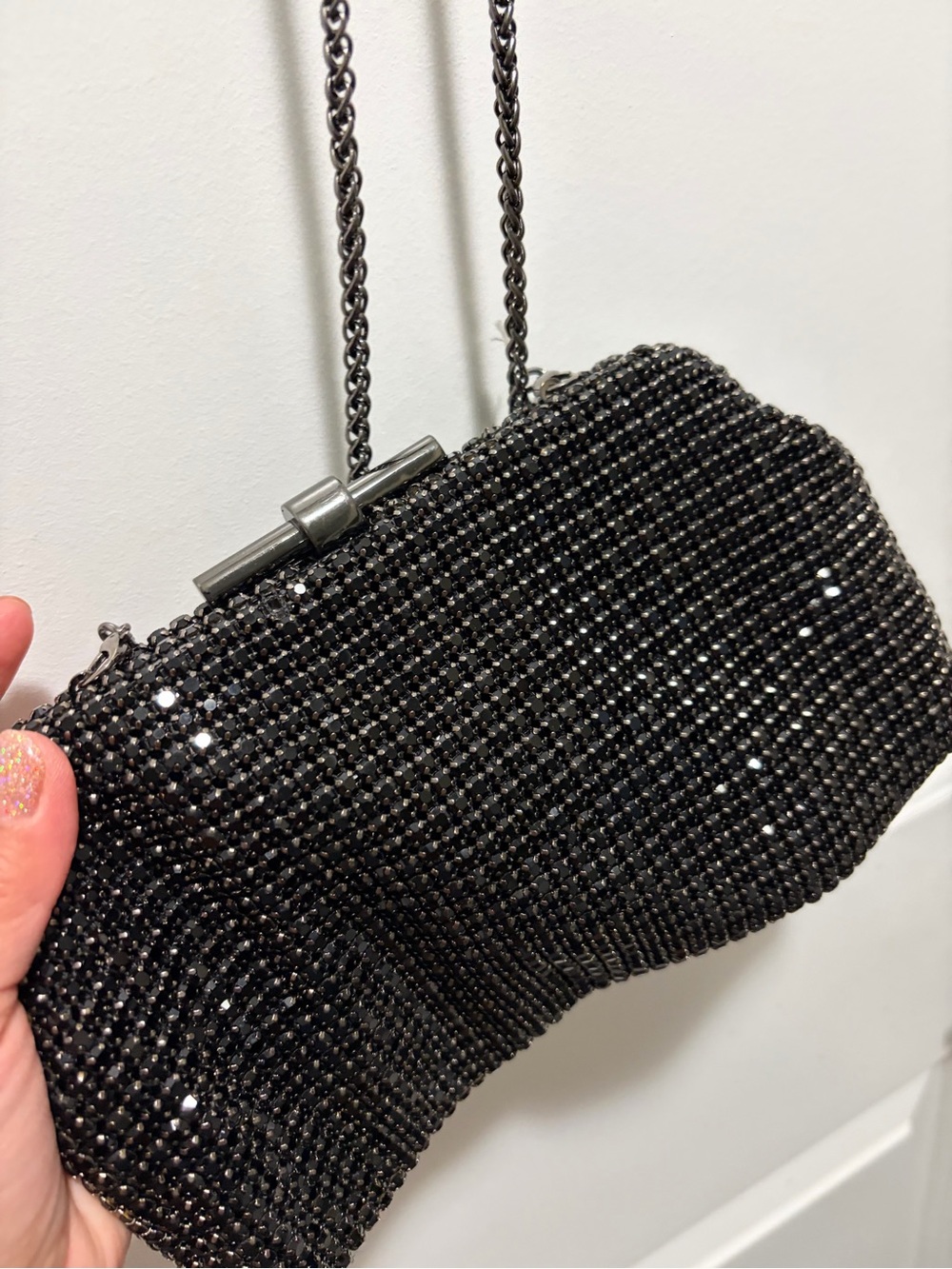 Black Crystal Mesh Evening Clutch with Chain Strap